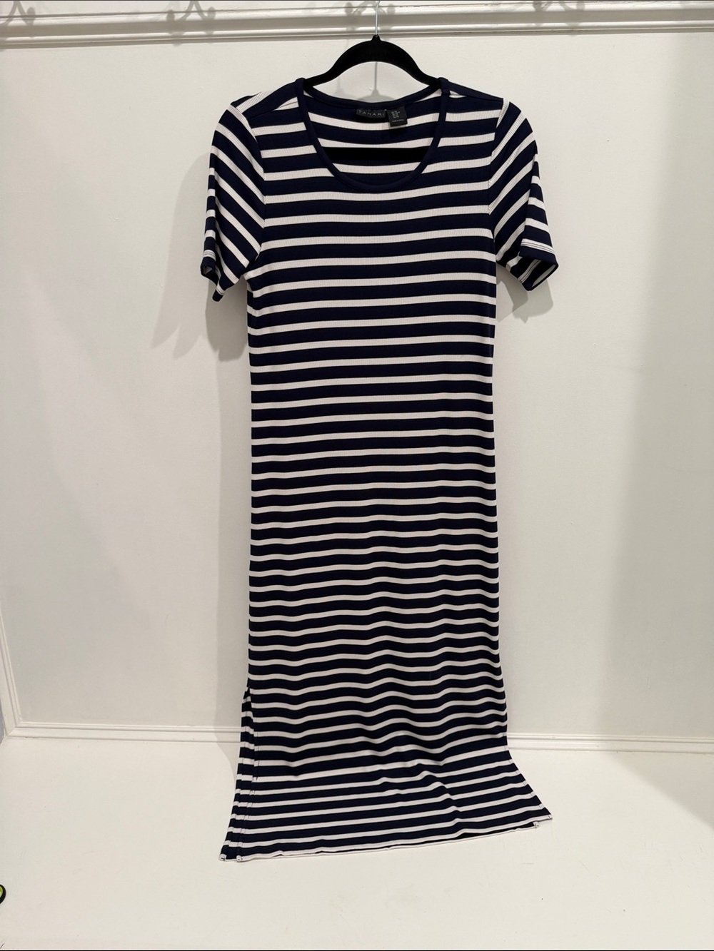 Tahari Navy and White Striped Midi Dress